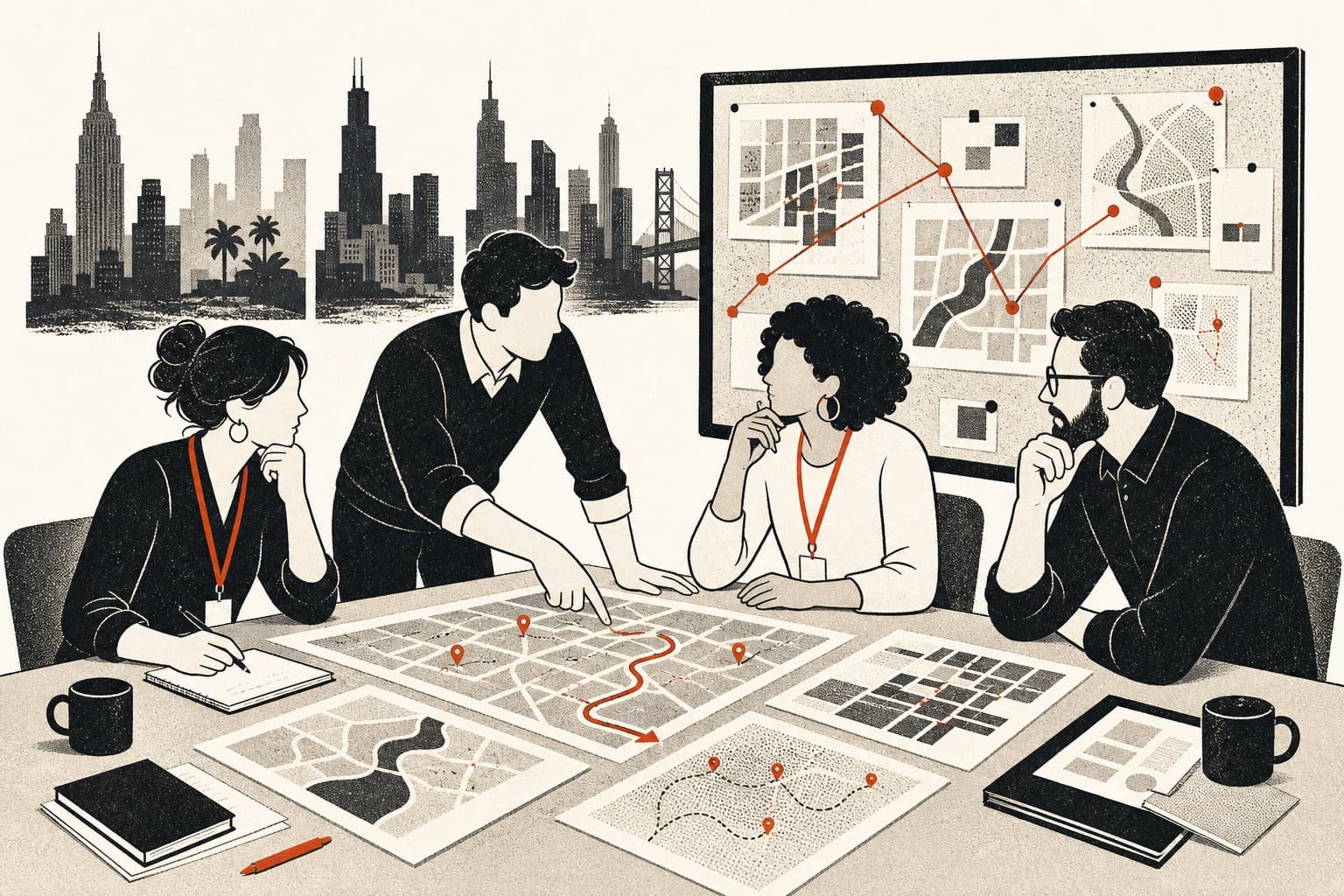 Illustration of a campaign team reviewing planning materials around a table
