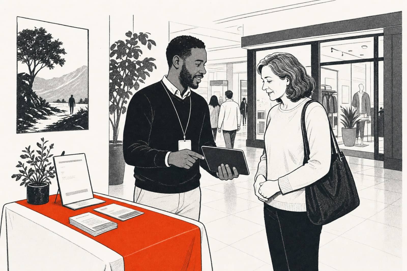 Illustration of a warm conversation between a fundraiser and a new supporter