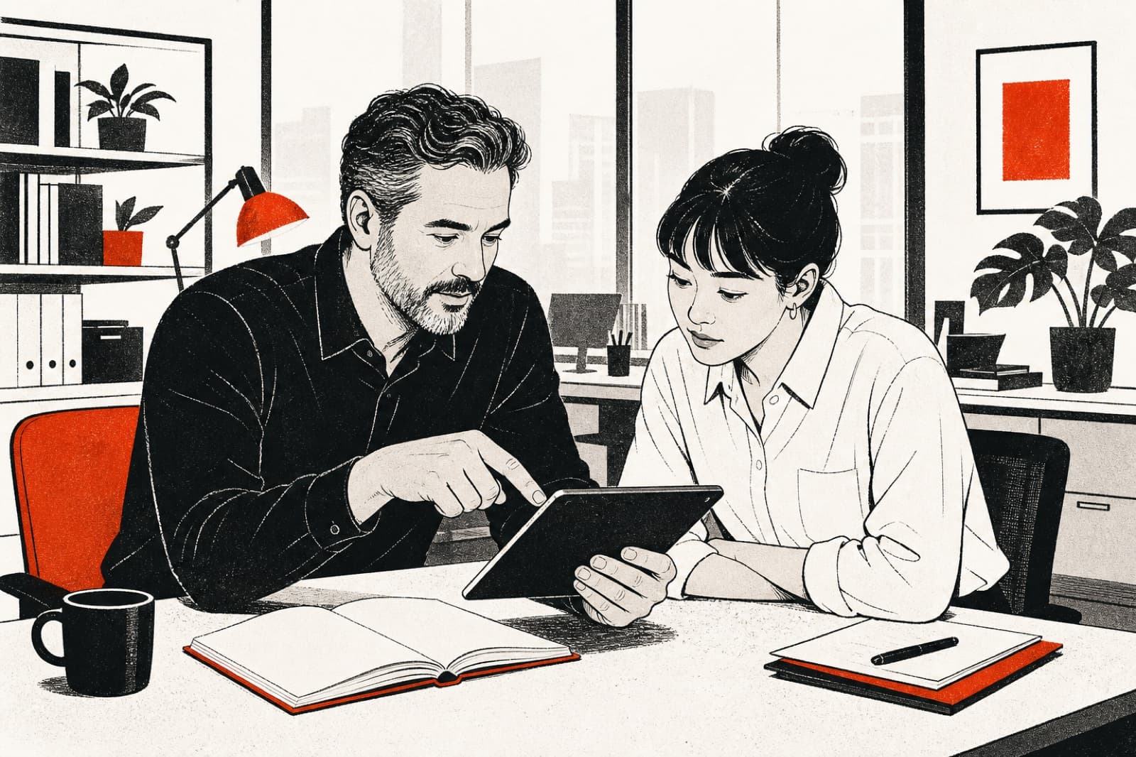 Illustration of a team leader coaching a newer team member over a tablet