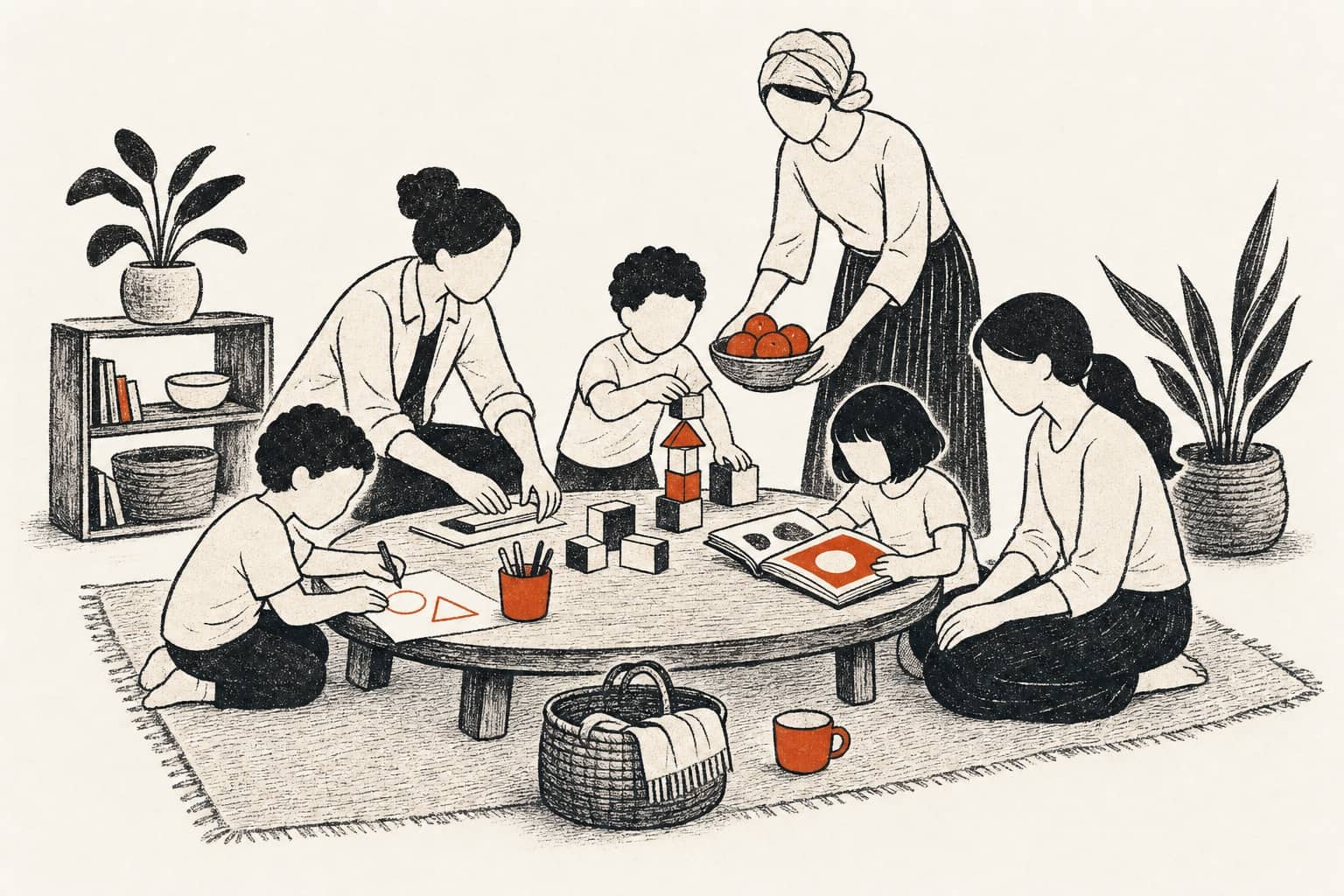 Illustration of children learning and playing around a community table with supportive adults nearby