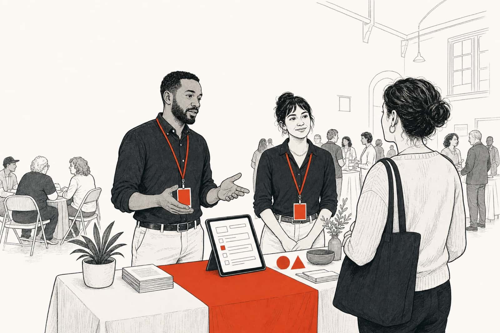 Illustration of a fundraising team welcoming a supporter at a community event