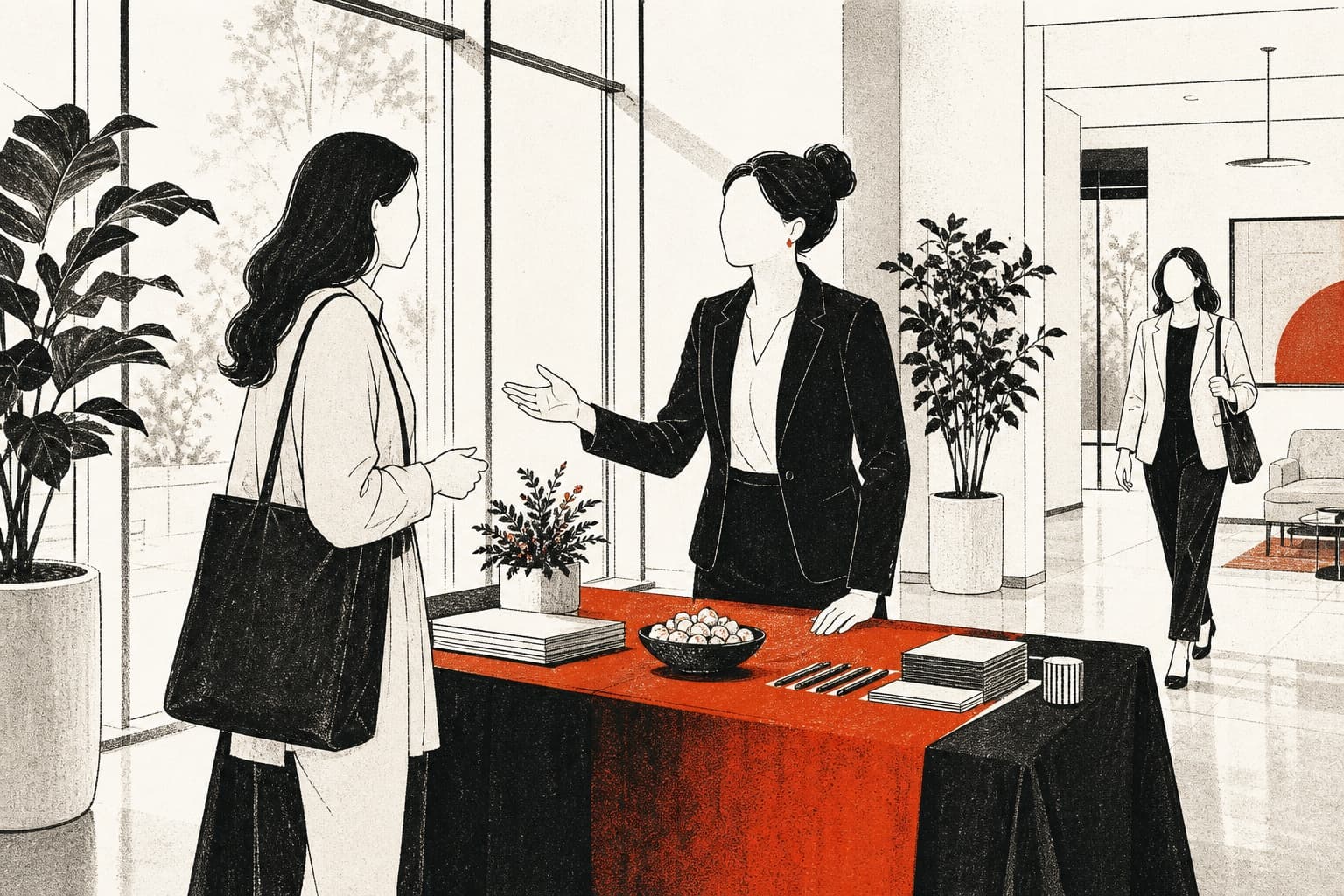 Illustration of a campaign team member welcoming a visitor at a hosted table inside a bright community venue