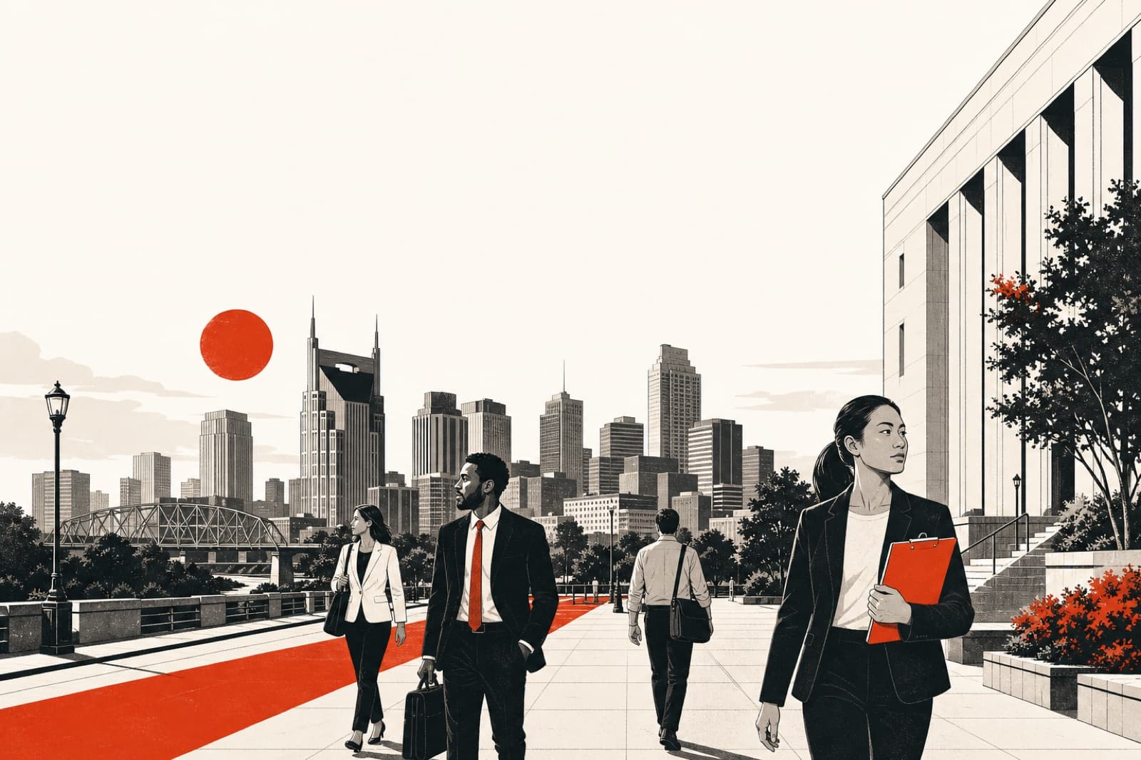Illustration of a Nashville streetscape at morning