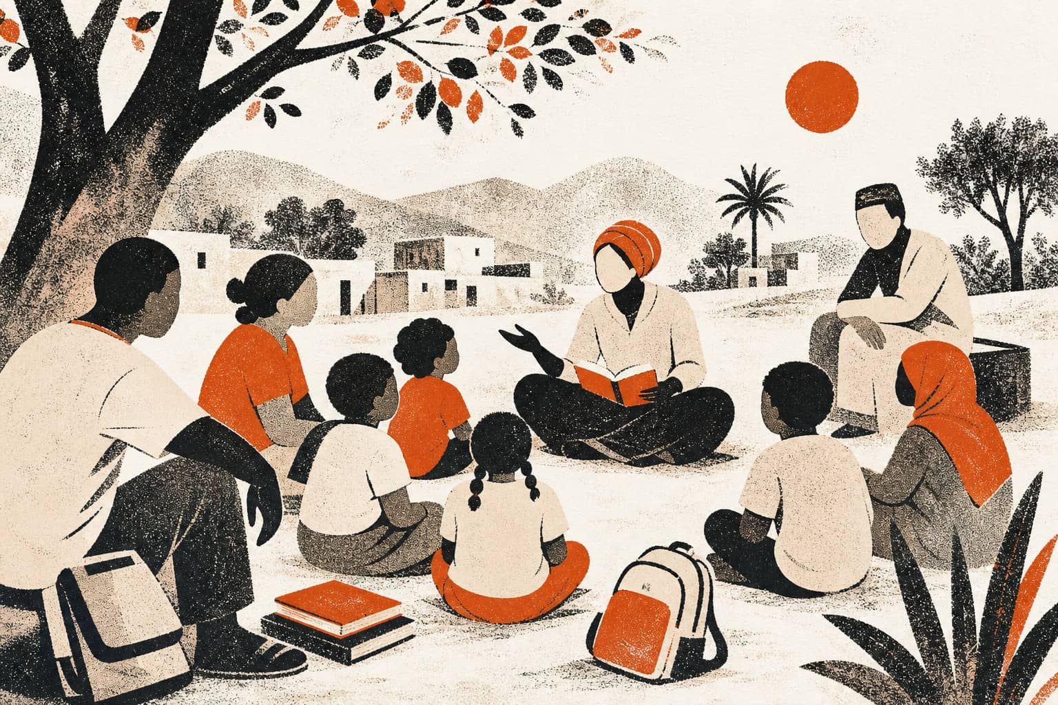Illustration of children and adults gathered for a community learning moment