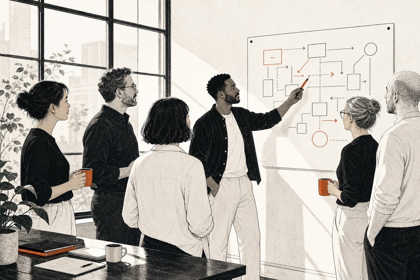 Illustration of a morning team meeting at a planning board